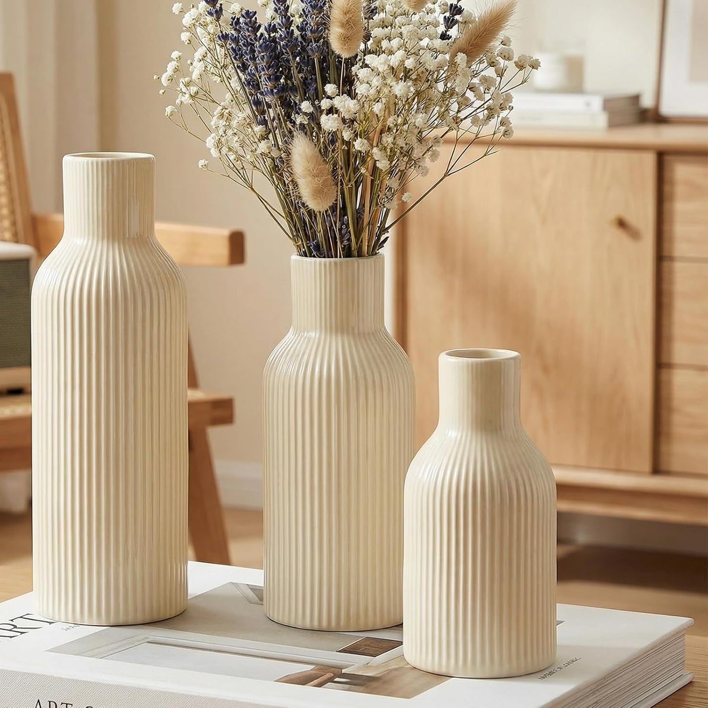 White Ceramic Flower Vases Set of 3, Modern Matte Vertical Ribbed, Nordic Minimalist Decor for Pampas, Dried & Fresh Flowers, Centerpiece for Living Room, Shelf, Entryway, Wedding,Office