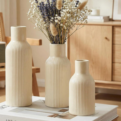 White Ceramic Flower Vases Set of 3, Modern Matte Vertical Ribbed, Nordic Minimalist Decor for Pampas, Dried & Fresh Flowers, Centerpiece for Living Room, Shelf, Entryway, Wedding,Office