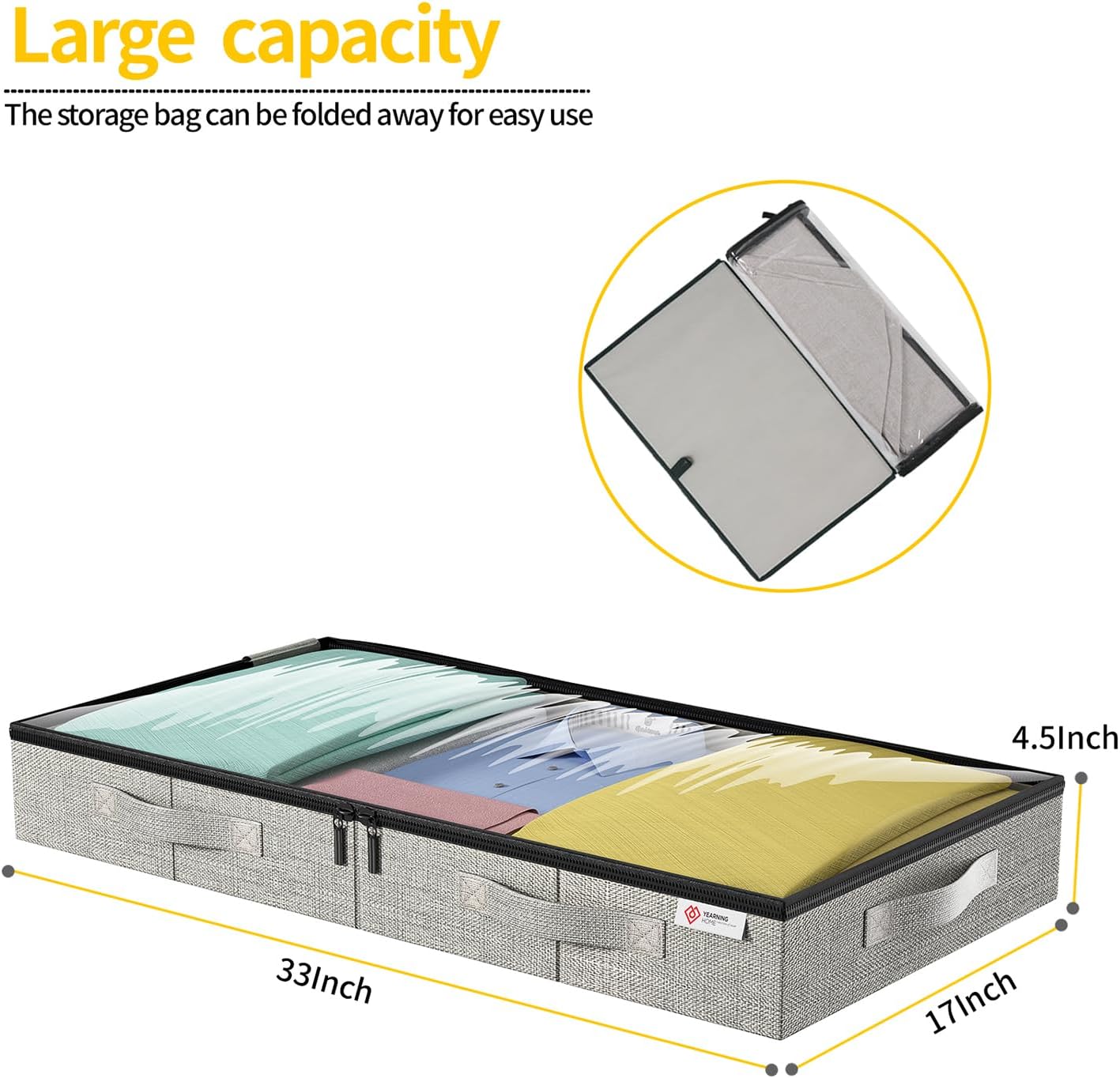 4.5 Inches Under Bed Storage Containers with Sturdy Sidewalls/Bottom and Reinforced Handles，Low Profile Underbed Storage for Clothes,Shoes,Pillows and Blankets with Zips and Clear Windows,4 Pack