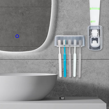 5 Slots Wall Mount Toothbrush Holder with Cover, Self Adhesive Toothbrush Storage Organizer for Shower, Toothbrush Hanger with Automatic Toothpaste Squeezer Dispenser