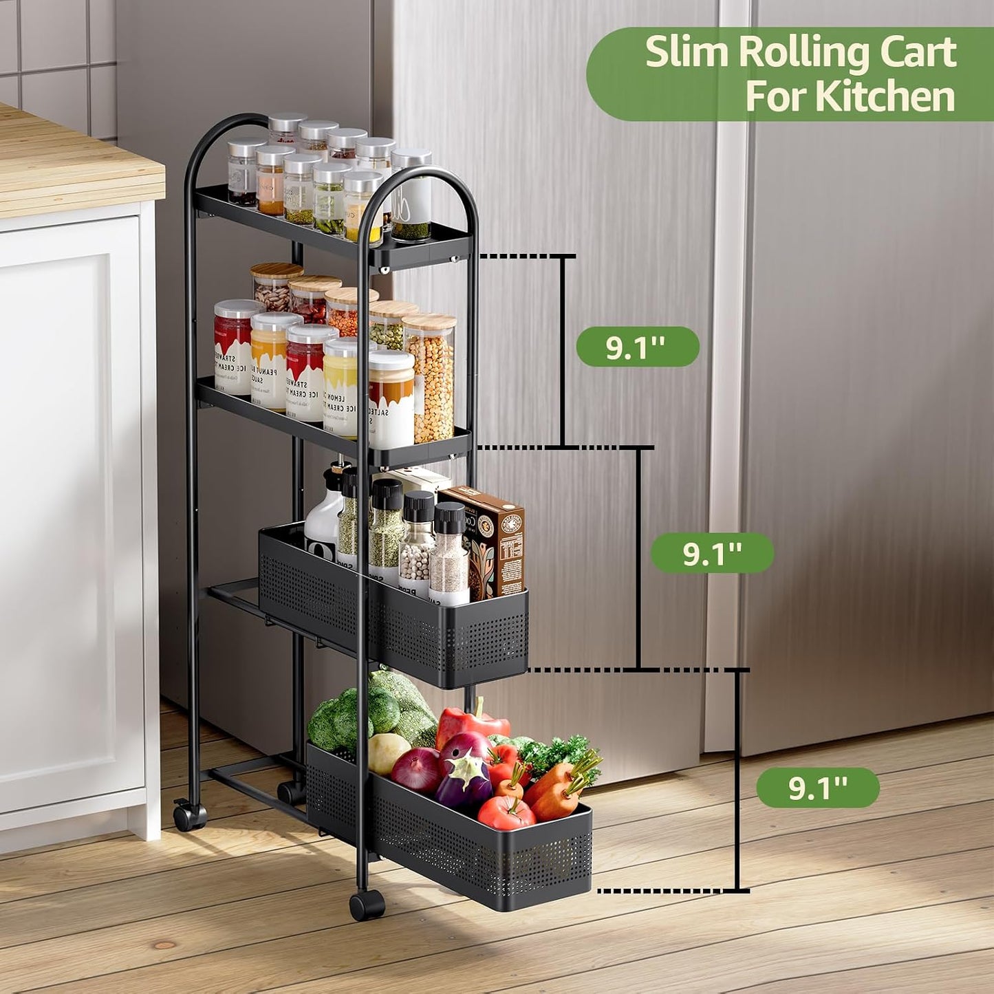 KINGRACK Slim Storage Cart with Drawer, 5-Tier Rolling Utility Cart on Wheels, Narrow Metal Cart for Space Save, Easy Assembly for Kitchen Cart, Craft Cart, Laundry, Bathroom, Nursery Organizer