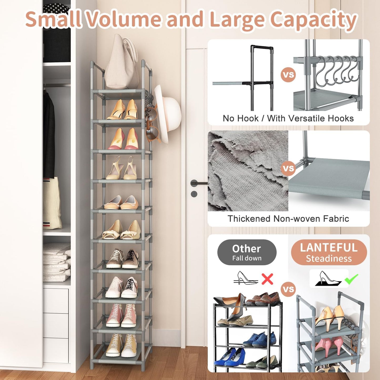 LANTEFUL Tall Narrow Shoe Rack for Entryway, 10-Tier Sturdy Metal Shoe Shelf Storage 10-15 Pairs of Shoes and Boots, Space Saving Corner Shoe Rack Organizer for Closet,Doorway,Garage,Living Room