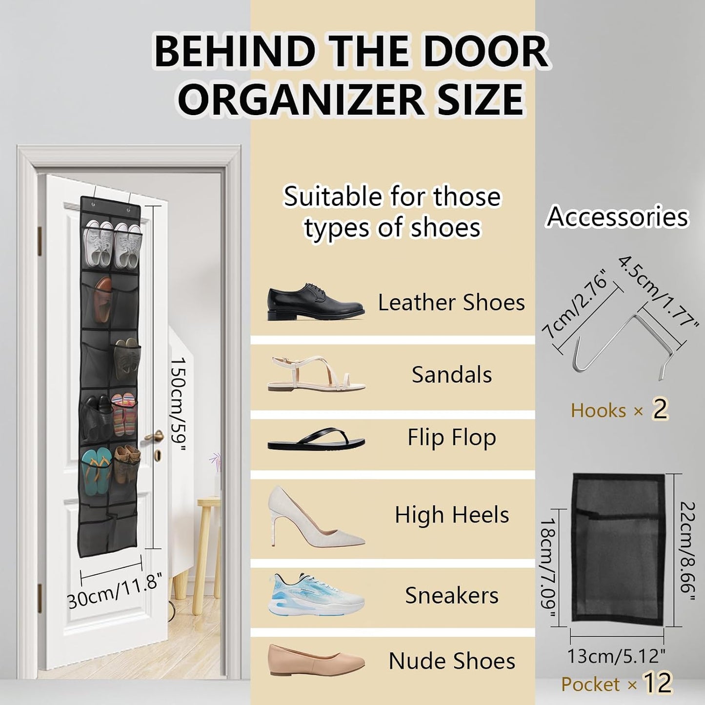 Over the Door Shoe Organizer, 12 Mesh Pockets Hanging Shoe Organizer with 4 Metal Hooks (Black)