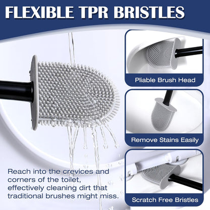 Toilet Brush and Holder Set, Wall Mounted Toilet Bowl Brush Head with Silicone Bristles, 2 Pack Black Compact Size for Storage and Organization Scrub Brush for RV Bathroom Accessories