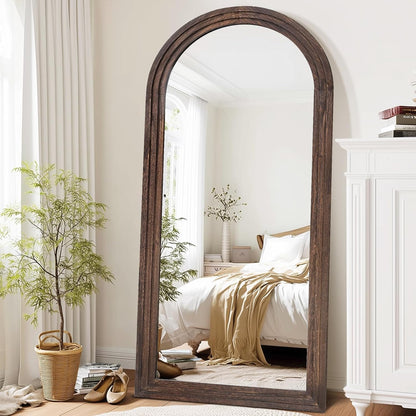 Solid Wood Full Length Mirror - 65"x22" Arched Floor Mirror, Free Standing & Wall Mounted - Elegant Design for Bedroom, Dressing Room, Hallway, Brown
