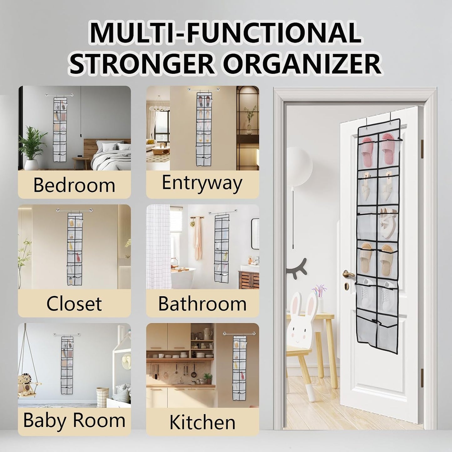 Over the Door Shoe Organizer, 12 Mesh Pockets Hanging Shoe Organizer with 4 Metal Hooks (Black)