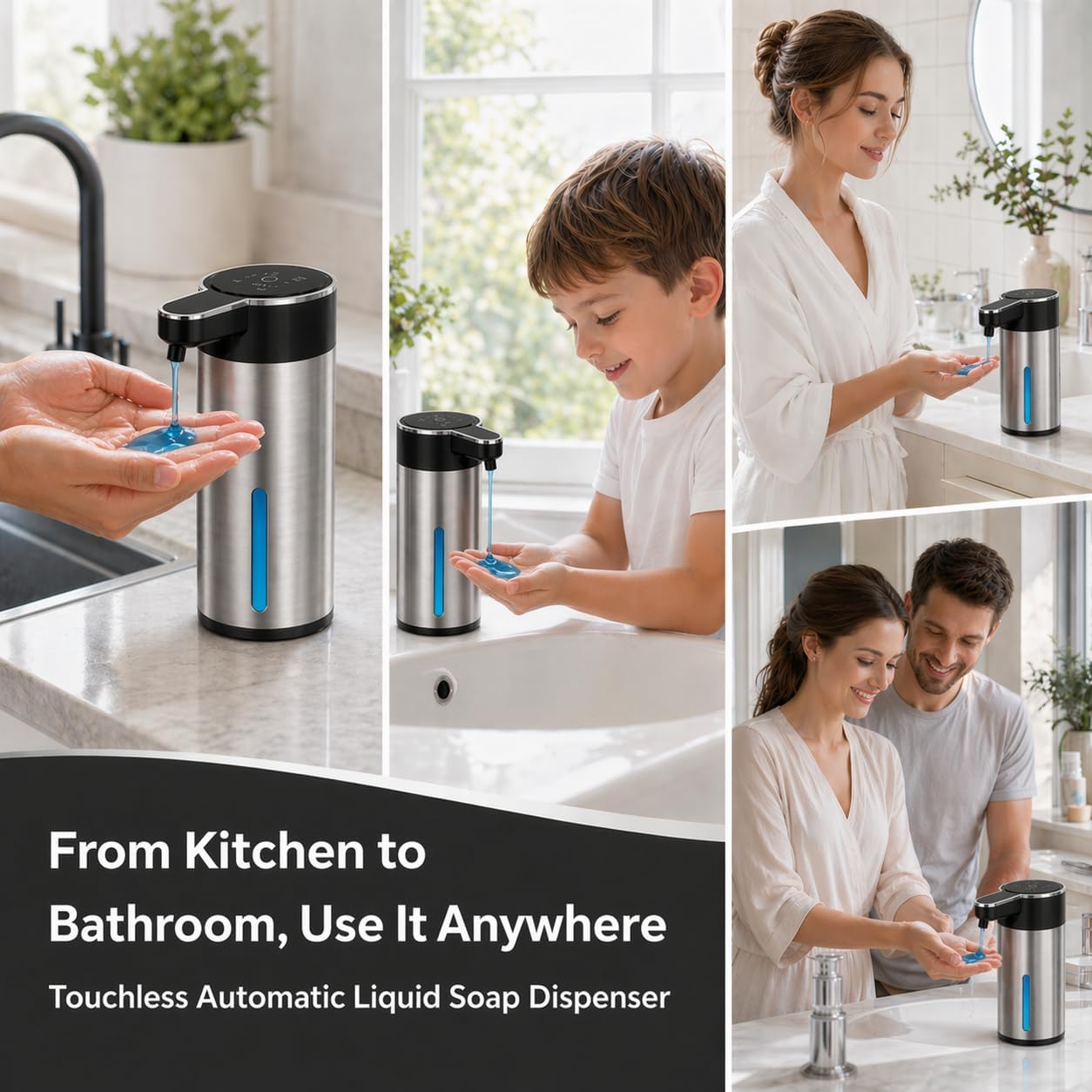 Automatic Foaming Soap Dispenser Touchless, 304 Stainless Steel Hand Soap Dispenser, USB Rechargeable, 4 Adjustable Levels, 13.5 oz (400 ml), for Kitchen & Bathroom (Black, Foam)