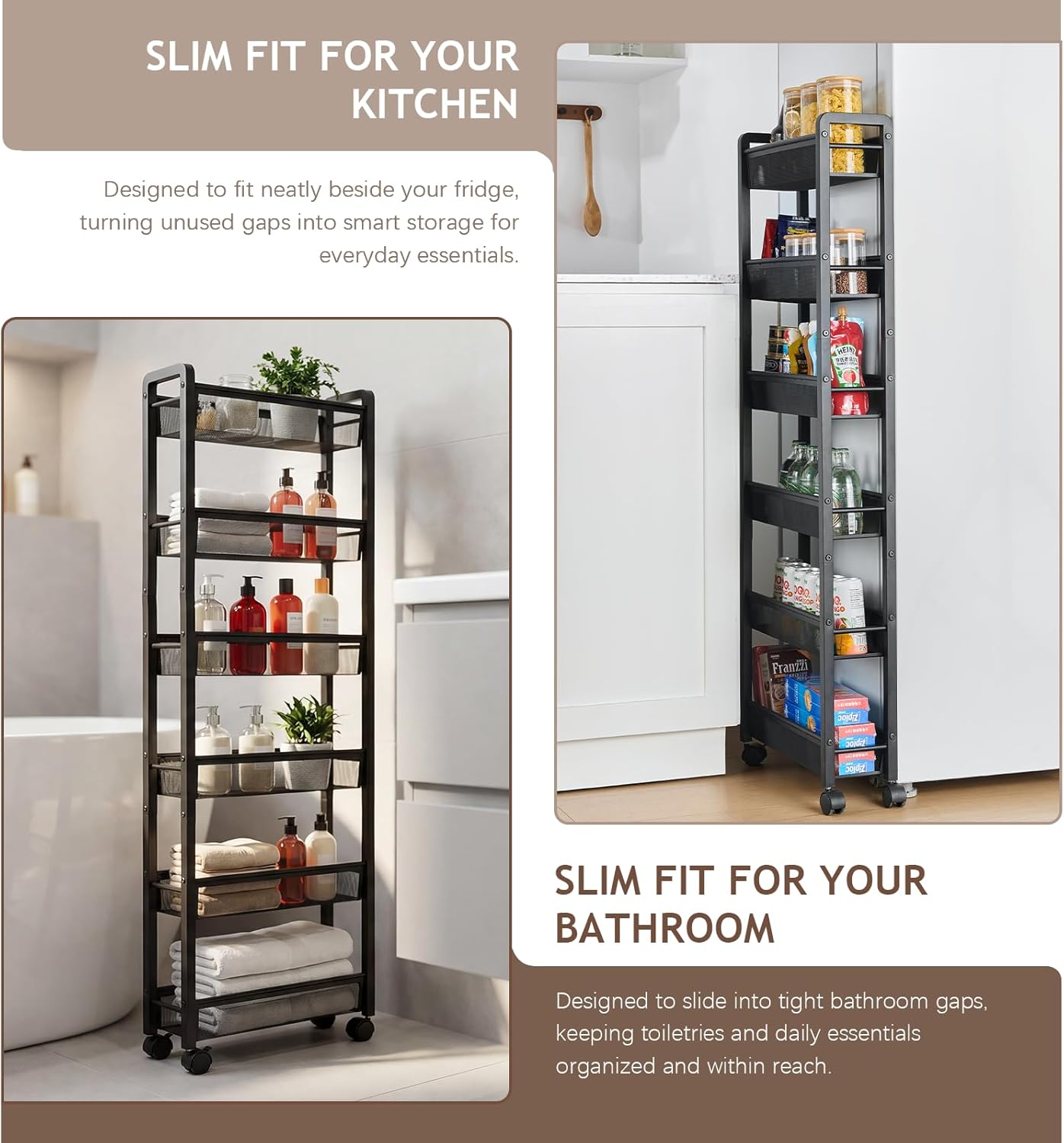 6 Tier Slim Rolling Storage Cart, Narrow Kitchen Storage Cart, Spice Rack Organizer with Wheels, Space Saving Shelf for Living Room, Laundry Room, Bathroom, Narrow Spaces