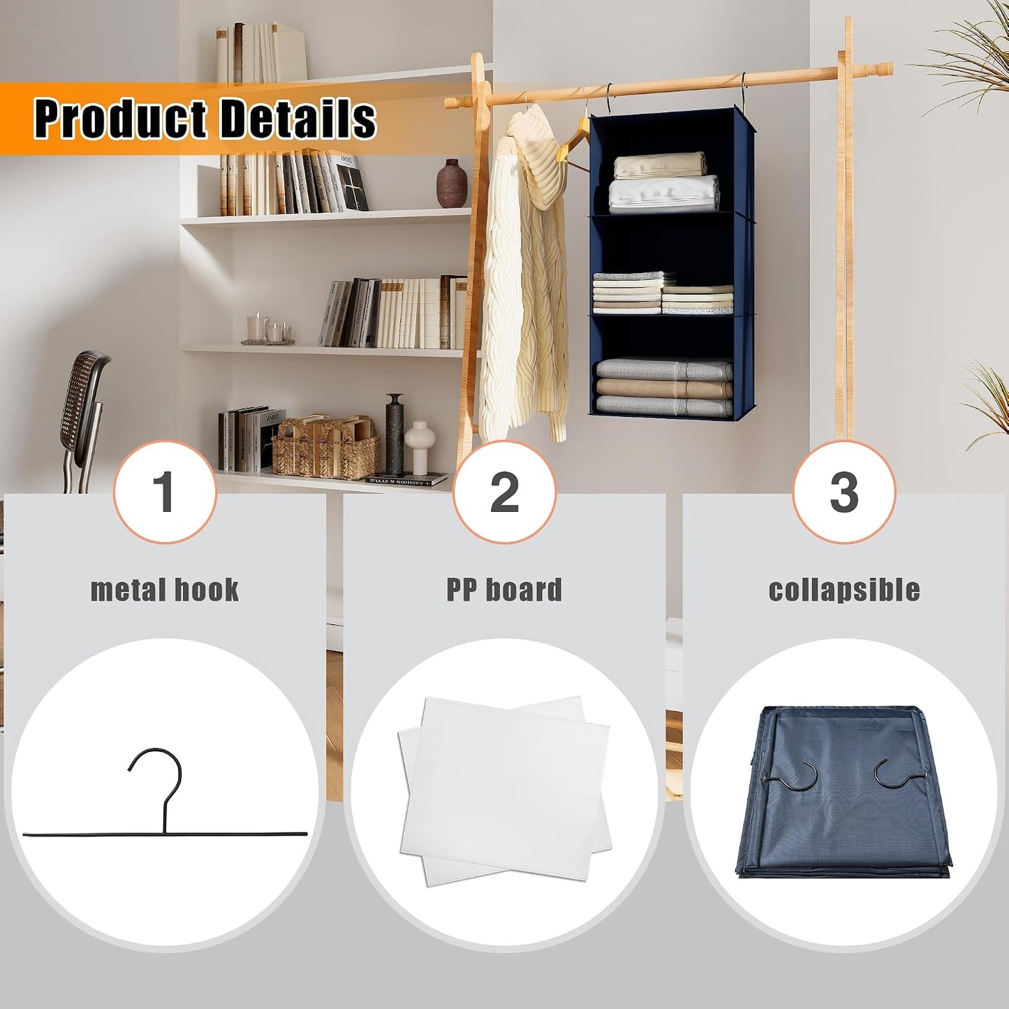 Hanging Closet Organizer 3-Shelf, Oxford Fabric Wardrobe Storage, Gray | Easy-mount foldable design holds clothes, handbags, shoes & accessories; washable Oxford fabric, sturdy and space-saving.