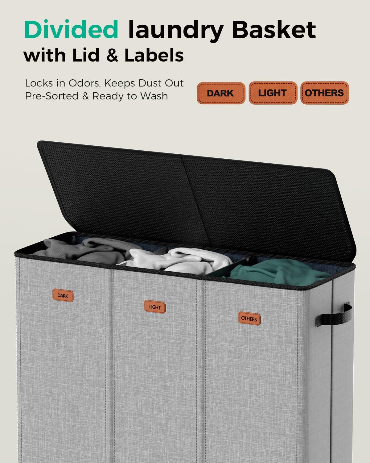 185L Laundry Hamper 3 Section with Lid & Removable Bags | Collapsible laundry basket organizer for laundry room, bedroom & dorm with 3 removable washing bags