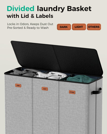 185L Laundry Hamper 3 Section with Lid & Removable Bags | Collapsible laundry basket organizer for laundry room, bedroom & dorm with 3 removable washing bags