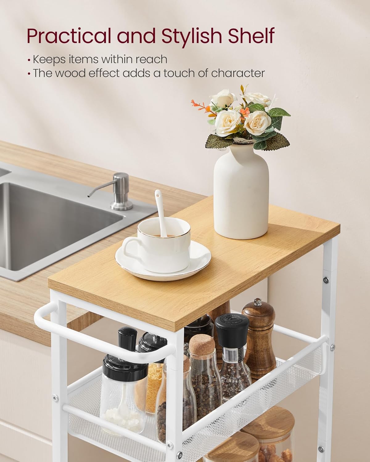 VASAGLE Slim Rolling Cart, 4-Tier Narrow Storage Cart with Handle, 5.1 Inches Deep, Metal Frame, for Kitchen, Dining Room, Living Room, Home Office, Rustic Brown and Classic Black ULRC032B01V1