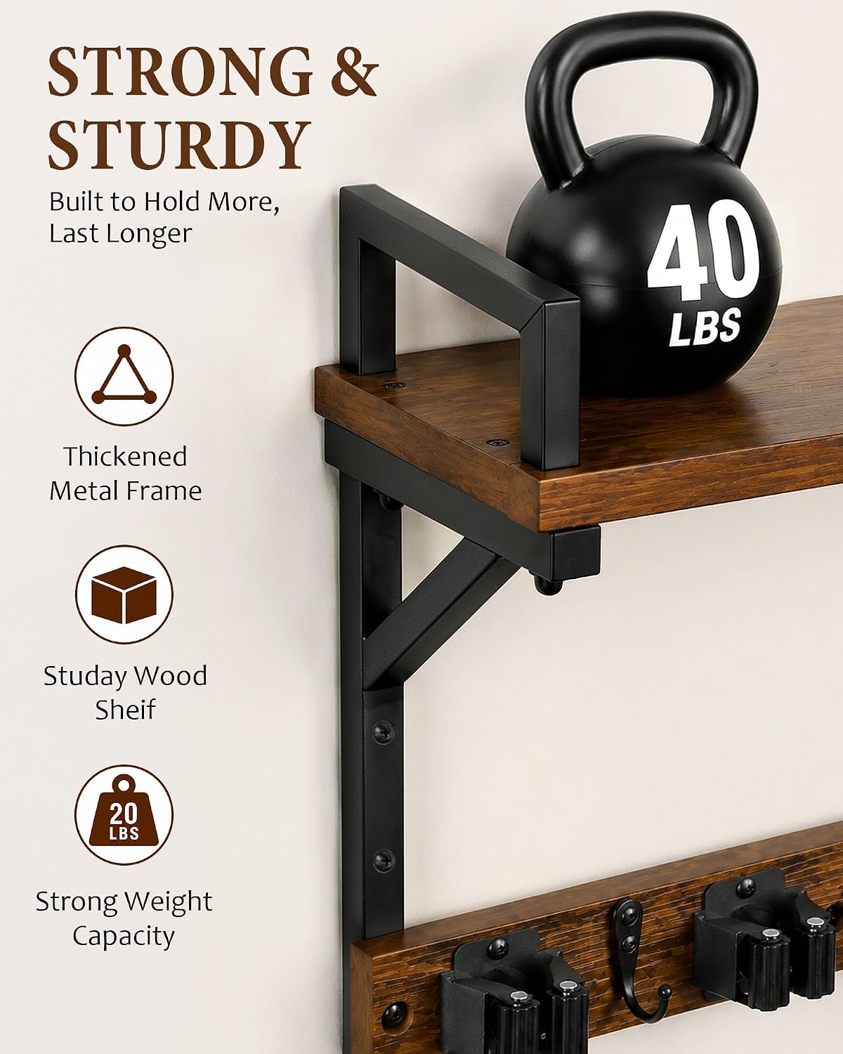 Lorbro Broom Holder Wall Mount with Cleaning Supplies Storage, Heavy Duty Broom and Mop Organizer Wall Hanging, Wooden Mop Organizer Hanger, 3 in 1 Storage Shelves for Laundry Room, Garage, Closet