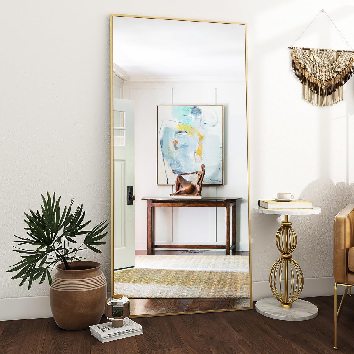 VooBang Mirror Full Length - 21" x 57" Floor Mirror with Stand, Aluminum Alloy Frame Full Body Mirror, Standing Hanging or Leaning Against Wall for Bedroom and Living Room, Black