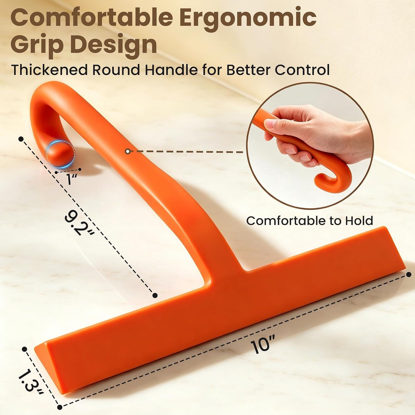 Shower Squeegee for Glass Doors - 10 Inch Bathroom Squeegee with Ergonomic Round Grip, Built-in Hook, Streak-Free No-Squeak Silicone Blade for Shower Glass, Tile Walls, Mirrors & Windows, Black