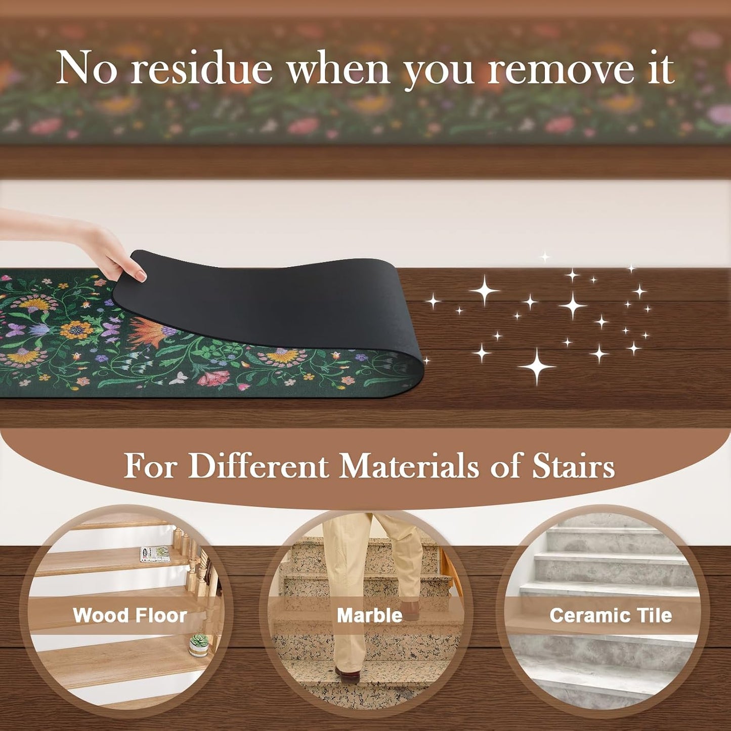 OJIA Floral Stair Treads Non-Slip Carpet Stair Treads for Wooden Steps Indoor 15PCS 30"x8" Stair Runner Stair Mats Staircase Step Treads for Kids, Elders and Dogs, Stair Covers, Black