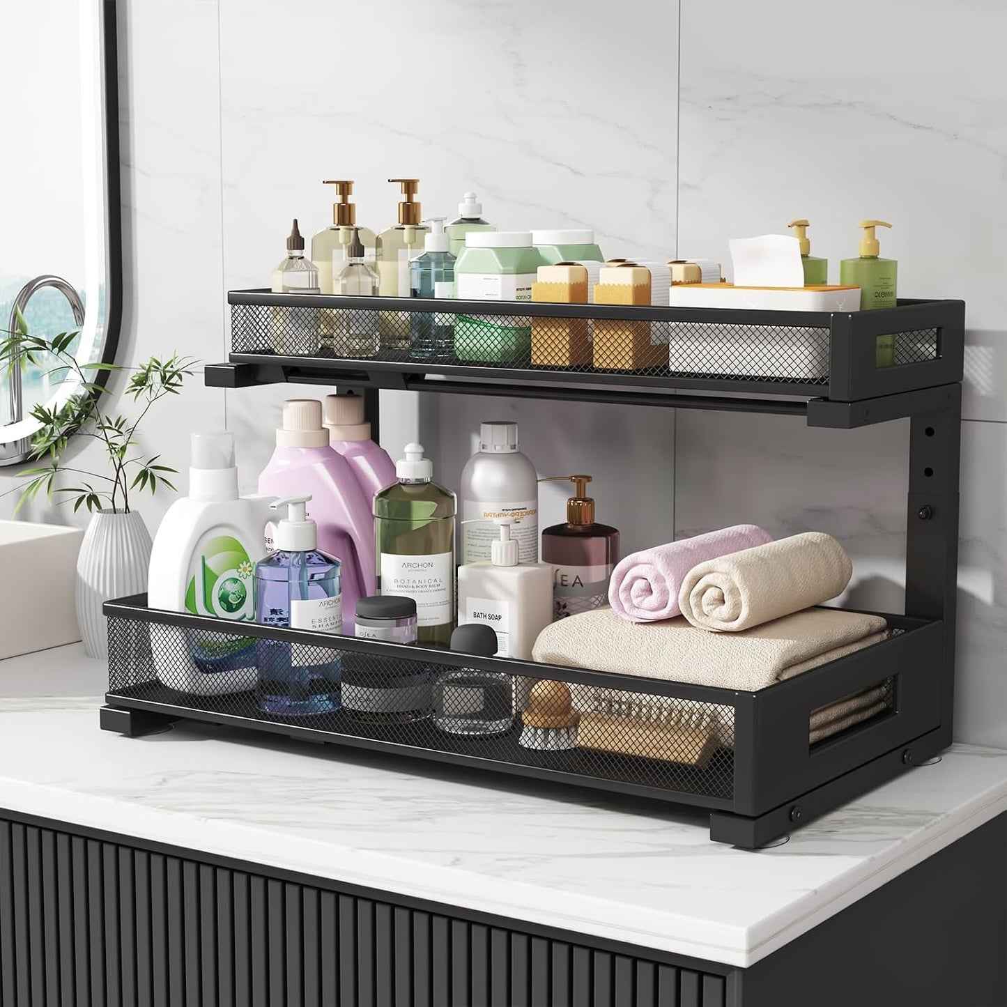 2-Pack Under Sink Storage Organizer, Large 2-Tier Elegant Mesh Pull Out Shelf for Kitchen and Bathroom Cabinet Organization, L-Shaped and Adjustable Height Design,Patent Pending-Black