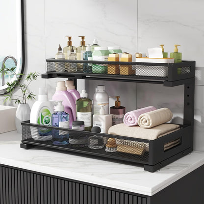 2-Pack Under Sink Storage Organizer, Large 2-Tier Elegant Mesh Pull Out Shelf for Kitchen and Bathroom Cabinet Organization, L-Shaped and Adjustable Height Design,Patent Pending-Black