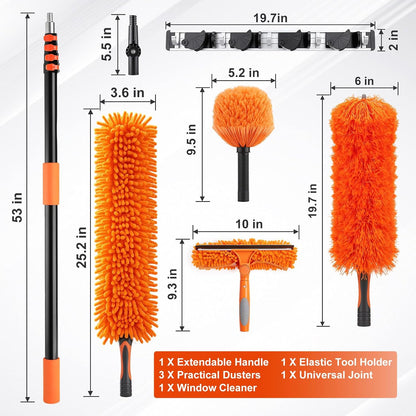 20 Foot High Ceiling Fan Cleaner Duster Kit with 5-12ft Heavy Duty Extension Pole, Microfiber Feather Duster, Cobweb Duster, Ceiling Fan Duster and Window Squeegee, Long Dusters for Cleaning
