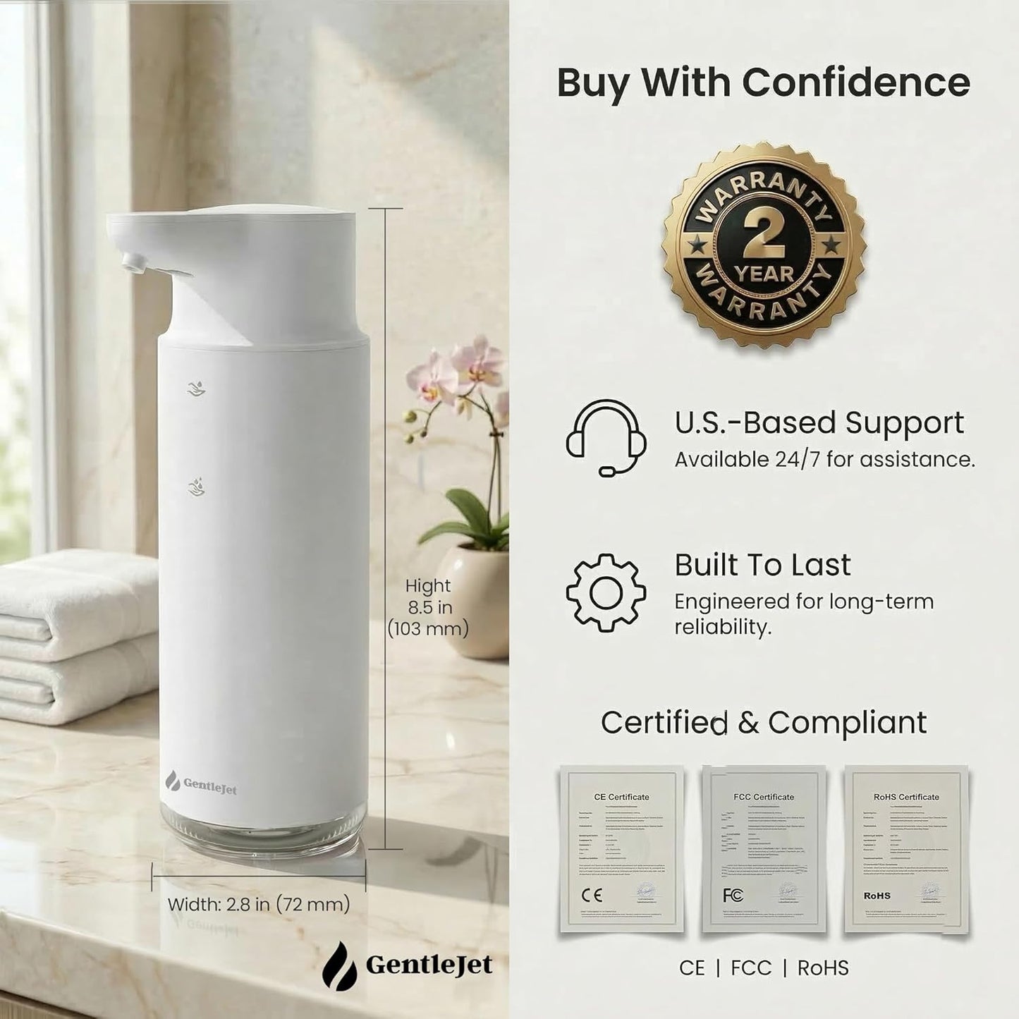 GentleJet CrystalJet Automatic Foam Soap Dispenser – Stainless Steel, Touchless Sensor, USB-C Rechargeable, Waterproof, Modern Bathroom & Kitchen Sink, 300 ml
