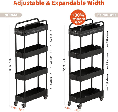 HOTEAGLE Three Tier Rolling Cart, Adjustable Width & High Adaptability | Metal Utility Storage Carts with Wheels, Ideal Storage Organizer for Livingroom, Kitchen and Bathroom