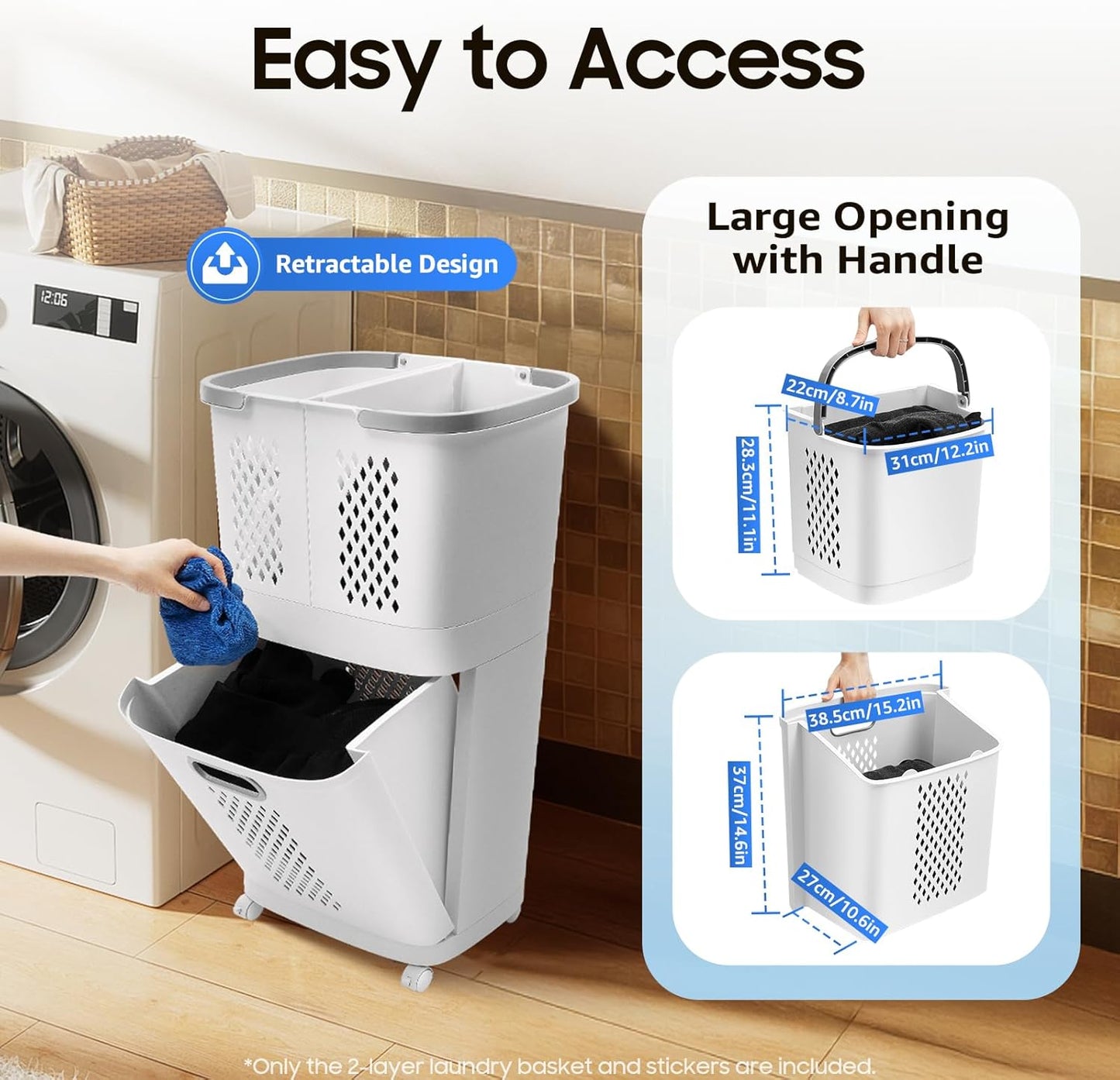 Removable Laundry Basket Organizer,3 Section Laundry Sorter with 4 Wheels,17.3×12.2×29.3in 2-Tier Divided Laundry Hamper with Wheels & Wall-Mountable Baskets,for Bedroom Laundry Room Bathroom