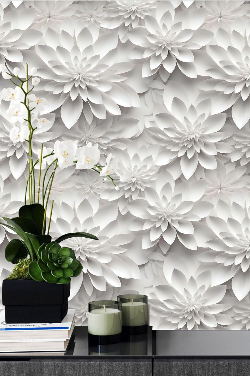Floral Peel and Stick Wallpaper 3D Effect Interior Wall Décor Contact Paper Self Adhesive Removable Renter Friendly for Bedroom Living Cabinet Room 17.7in x 9.8ft (Not Textured Wallpaper