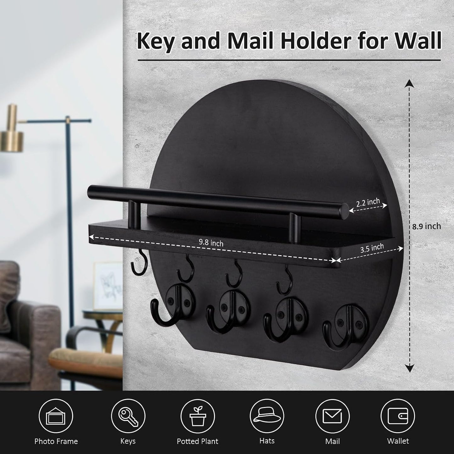 Nekon Key Holder for Wall - 9.8 Inch Apartment Wall Decor with Shelf and 8 Key Hooks, Circular Wood Key Hanger for Home Decor (Black with Golden Hooks)