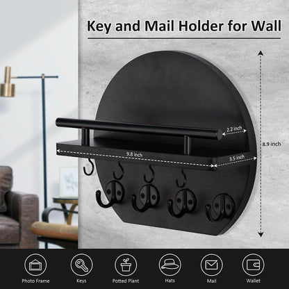 Nekon Key Holder for Wall - 9.8 Inch Apartment Wall Decor with Shelf and 8 Key Hooks, Circular Wood Key Hanger for Home Decor (Black with Golden Hooks)