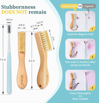 BFWood Laundry Stain Brush, Natural Soft Boar Bristles, Removes Tough Stains from Delicate Fabrics Like Knits, Cotton, and Linens, Gentle on Fabrics, No Damage