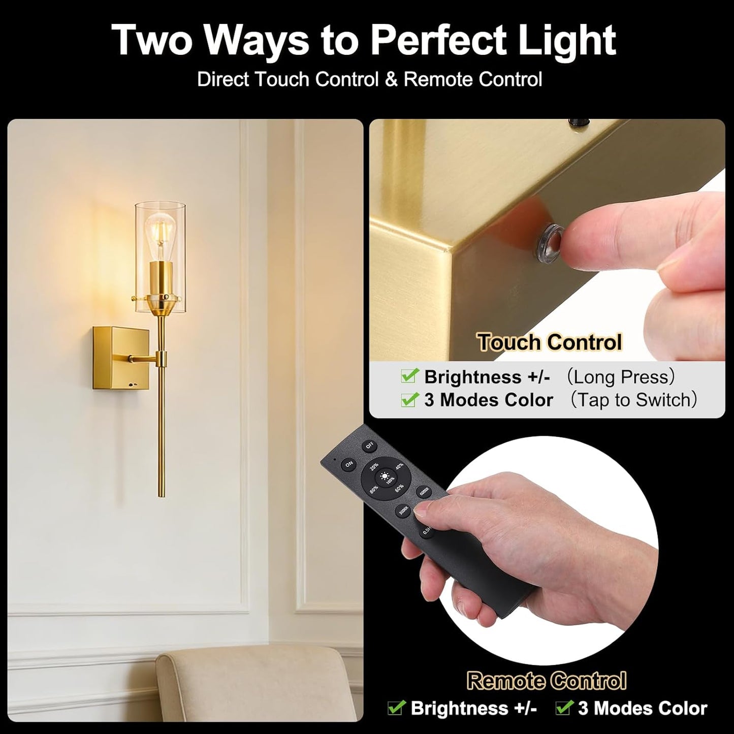 Battery Operated Wall Sconce, Glass Wireless Wall Sconces Set of Two Rechargeable with Remote Control Dimmable Wall Light for Bedroom Living Room Hallway Entryway, 3000-6500K