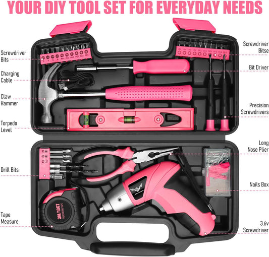 JENABOM Pink 3.6V USB Cordless Electric Screwdriver & Household Tool Kit | Power Screwdriver and Hand Tools in a Compact Box Case for Small Repair and Maintenance- Ideal Housewarming Gift, 112Pcs