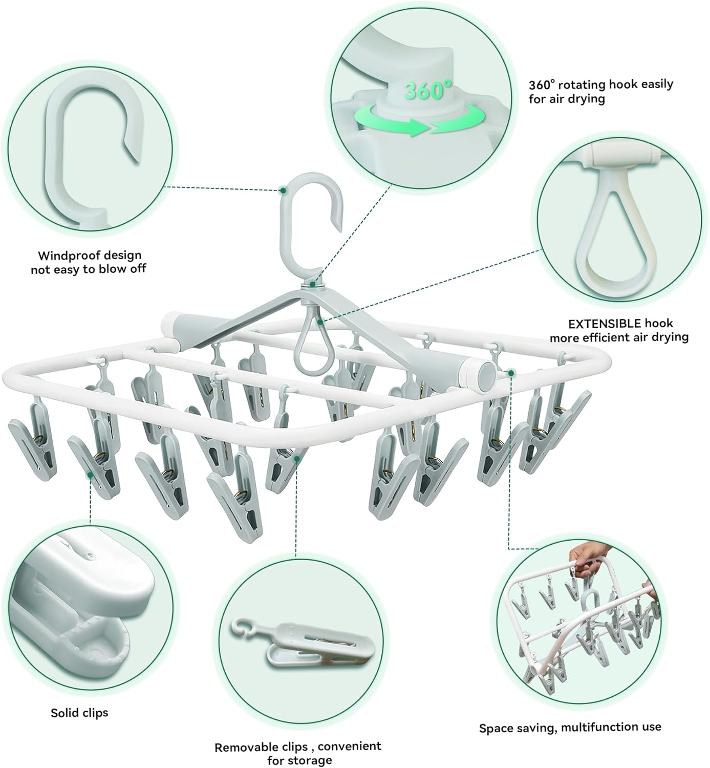 Plastic PP Drying Hanger, Anti-Rusty Drying Rack for Clothes, Socks, Lingeries, Delicates, Drying Hanger with 32 Clips for Baby Clothes, Towels