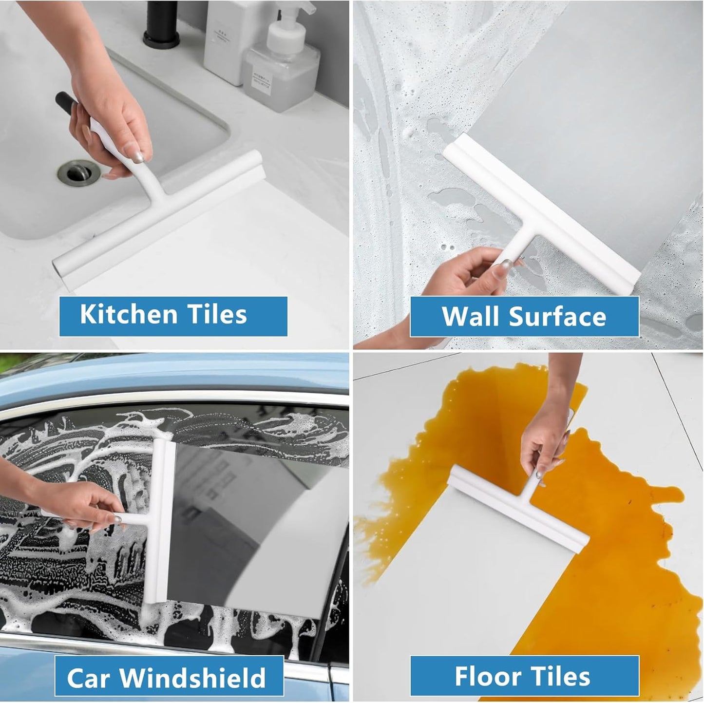 Squeegee for Shower Glass Doors, Resilient Loop - No-Drill & Adhesive Hook, Silicone Shower Squeegee with Stainless Steel Core, Cleaning Tool for Home, Kitchen, Bathroom & Car - Black