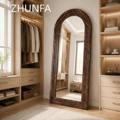 ZHUNFA Arched Full Length Mirror with Solid Wood Frame | 65x22 Farmhouse Wall Mirror Full Length with Stand, Vertical Hanging, Leaning Standing for Bedroom,Living Room, Rustic White