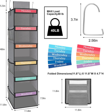 Fixwal 6-Shelf Weekly Clothes Organizer for Kids, Kids Daily Shelf Hanging Closet Organizer with 6 Side Pockets, Days of The Week Hanging Storage Shelves (Pink)