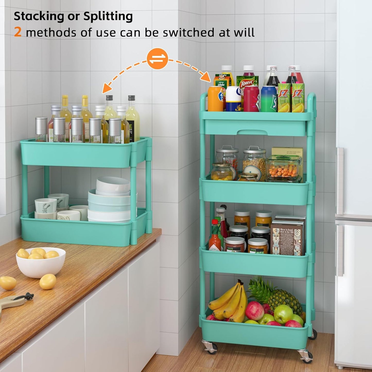 Calmootey 3-Tier Rolling Utility Cart with Drawer,Multifunctional Storage Organizer with Plastic Shelf & Metal Wheels,Storage Cart for Kitchen,Bathroom,Living Room,Office,White