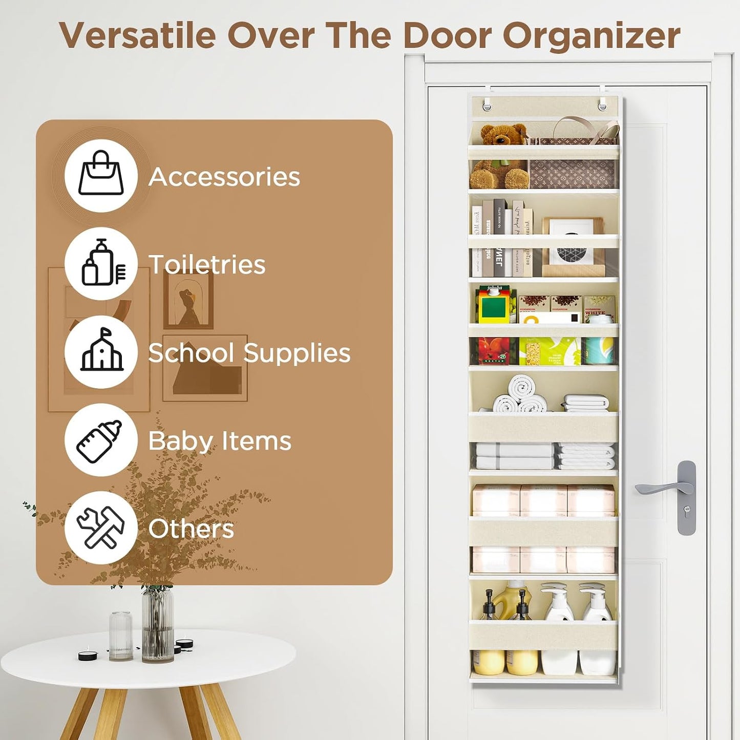 6 Tiers Over The Door Organizer, Heavy Duty Hanging Organizer Storage with Large Capacity Pockets, Behind Door Storage Hanging Shelves for Closet Wall Bathroom Bedroom Nursery Pantry, 1 Pack Grey