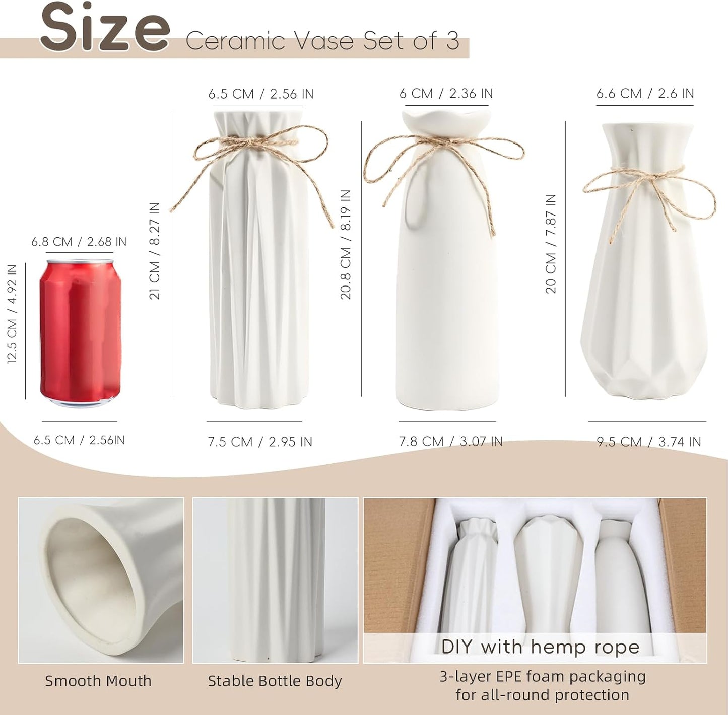 White Ceramic Vase,Modern Ceramic Vases Set of 3,White Tall Flower Vases for centerpieces,Rustic Farmhouse Boho Vase for Table Living Room Bathroom Kitchen Shelf Bedroom Office Party