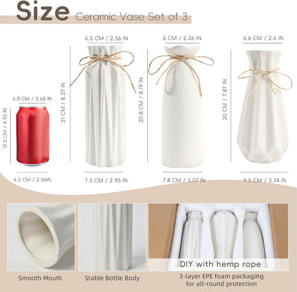 White Ceramic Vase,Modern Ceramic Vases Set of 3,White Tall Flower Vases for centerpieces,Rustic Farmhouse Boho Vase for Table Living Room Bathroom Kitchen Shelf Bedroom Office Party