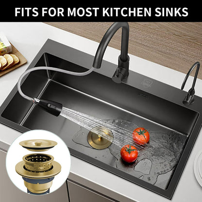 Kitchen Sink Drain Assembly Kit, 3-1/2 Inch Brushed 304 Stainless Steel Basket Strainer with Deep Removable Basket, Stopper & Cover Lid, Fits Standard Kitchen Sinks