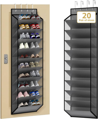 KEEPJOY Over the Door Shoe Organizer, Hanging Shoe Organizer with 4 Hooks, Shoe Holder with 14 Mesh Pockets Closet Door Shoe Storage Bag (White-2Pack)