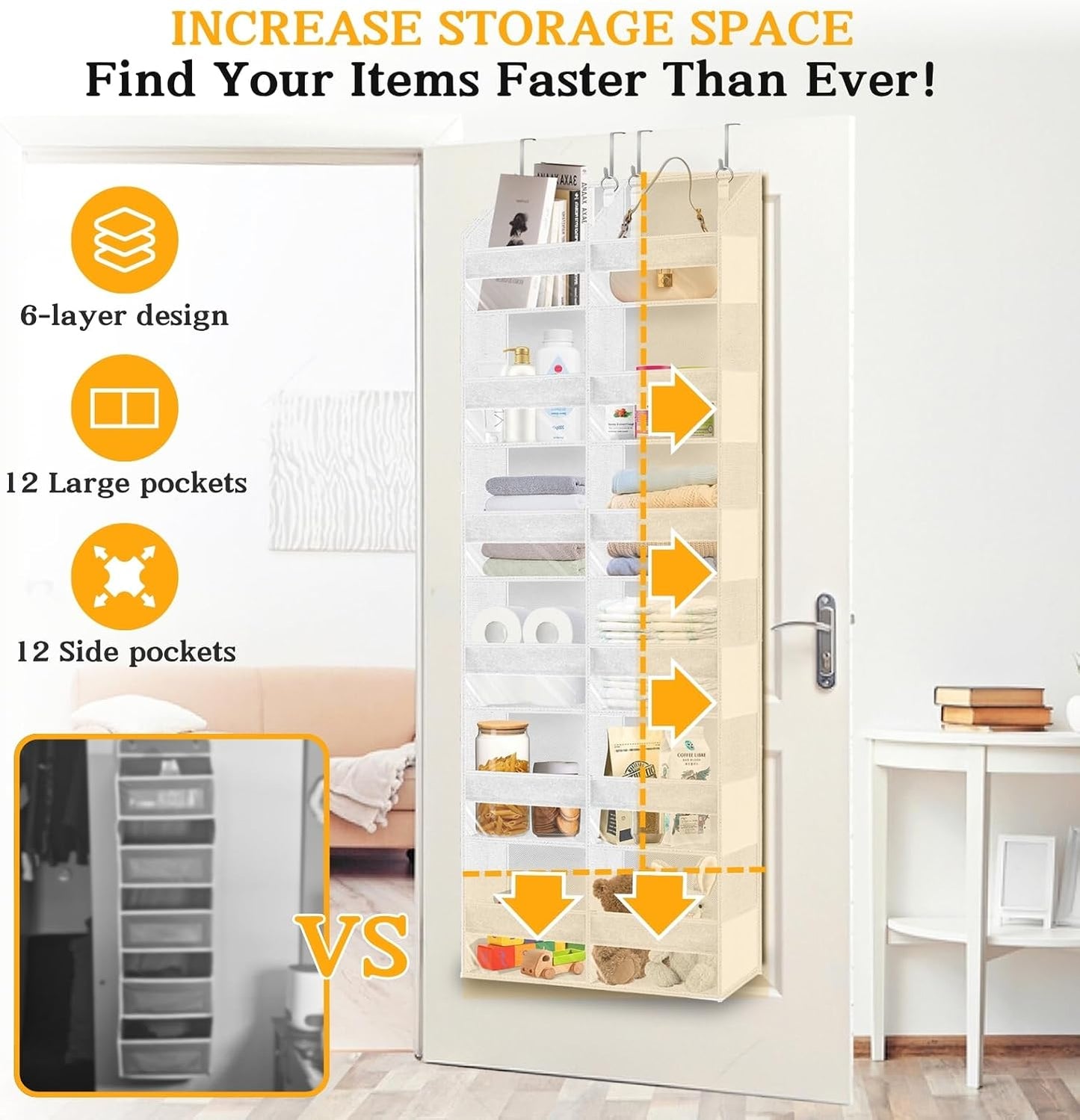 Over The Door Organizer, 5-Tier Extra Large Behind Door Storage with 10 Big Front & 10 Mesh Pockets, 80lb Capacity, Hanging Storage Organizer with Clear Window Kids Toys, Shoes, Diapers, Light Grey