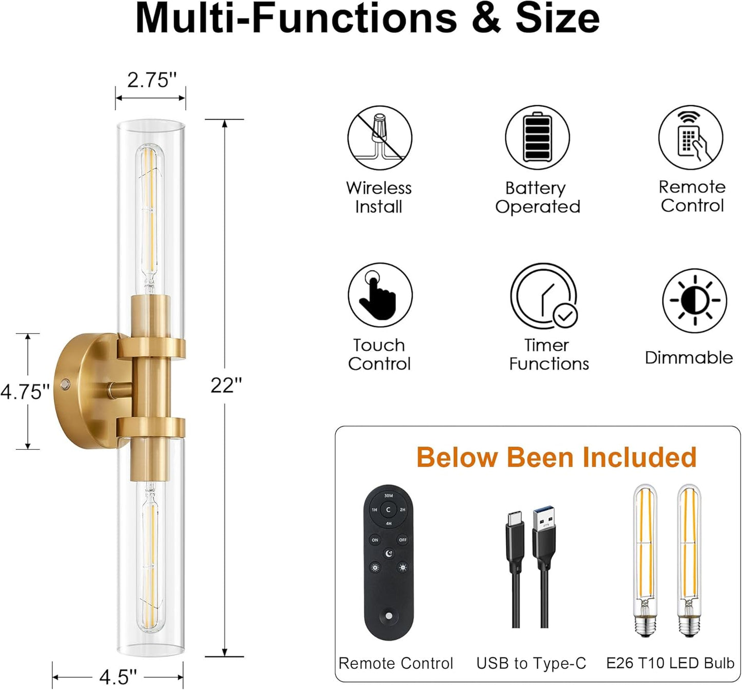 SANTOSTOCK Gold Battery Operated Wall Sconce Set of 2, 12000mAh Rechargeable Wall Lights with Remote Control, Wireless Dimmable Wall Lamps for Bedroom Living Room Bathroom Hallway Stairwell