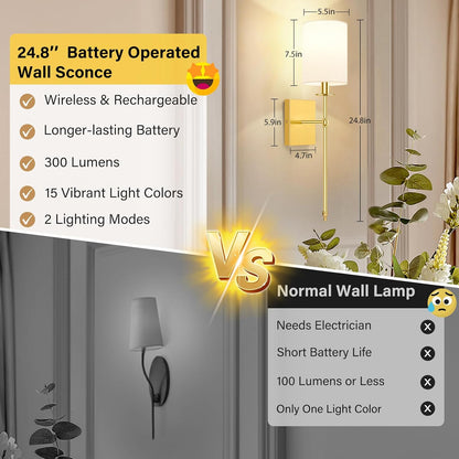 24.8 Inch Black Battery Operated Wall Sconces Set of 2, Rechargeable Wireless Wall Lights with Remote & White Fabric Shade, Indoor Not Hardwired Dimmable Wall Lamps for Bedroom, 2 Bulbs Included