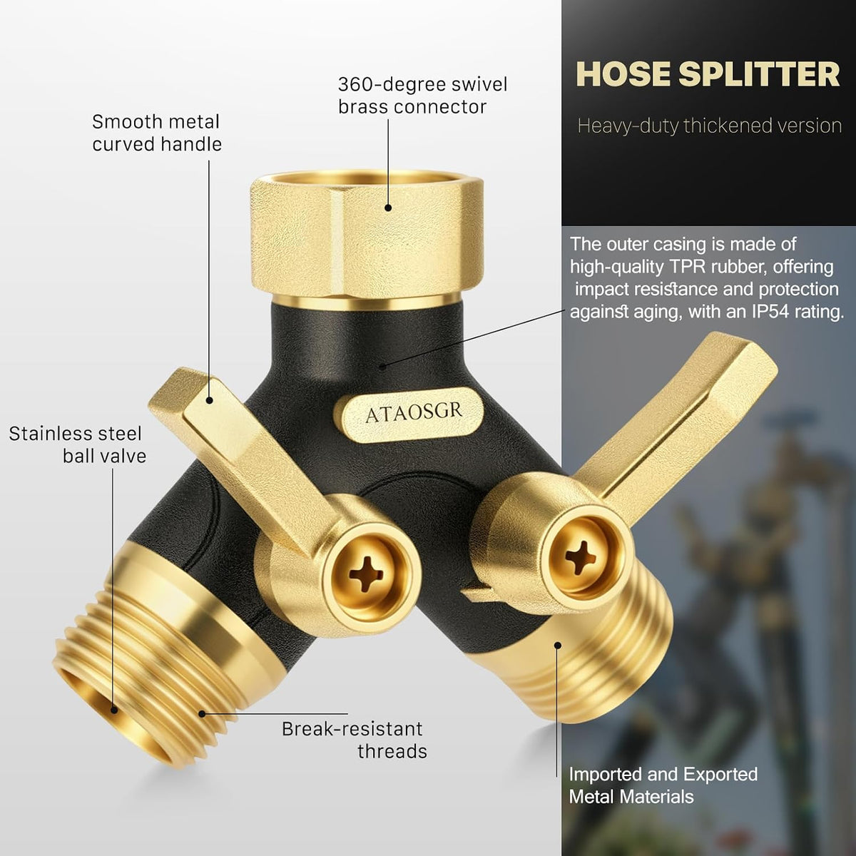 Garden Hose Splitter 2 Way Heavy Duty, Metal Body Water Hose Splitter | with Shut-Off Valve,360° Brass Swivel,3/4'' GHT Connector Full Flow Hose Bib Splitter, For Outdoor Spigot Faucet