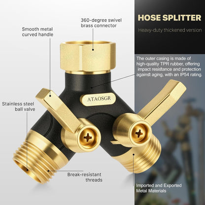 Garden Hose Splitter 2 Way Heavy Duty, Metal Body Water Hose Splitter | with Shut-Off Valve,360° Brass Swivel,3/4'' GHT Connector Full Flow Hose Bib Splitter, For Outdoor Spigot Faucet