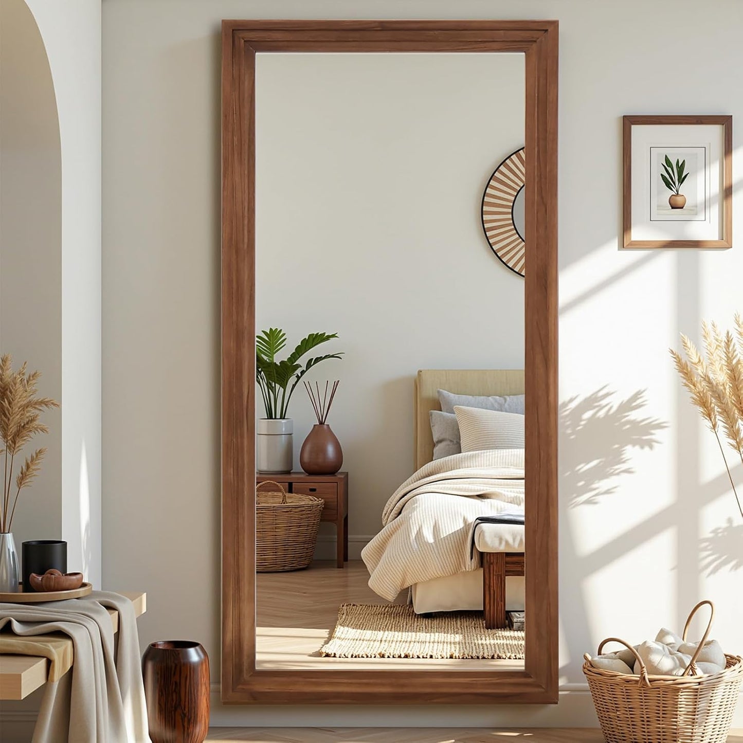 Antok Full Length Mirror with Solid Wood Frame, 71"×32" Wall Mounted Oversized Floor Mirror with Stand, Leaning Standing Hanging for Bedroom Living Room Entryway, Walnut, Arched Syle