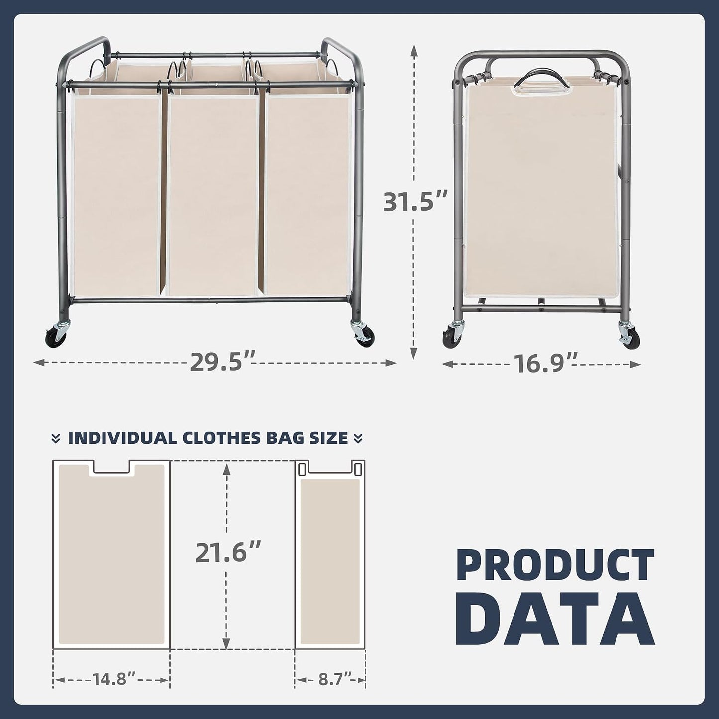 STO STO Laundry Sorter 3 Section, 3 Bag Clothes Hamper, Rolling Laundry Cart Basket with Heavy Duty Lockable Wheels and Removable Bag for Laundry Room, Bedroom, Closet, Gray
