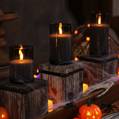 Homemory Green Glass Flameless Candles, Battery Operated LED Pillar Candles with Remote Control and Timer, Radiance Candles, Real Wax, Set of 3,D3 xH4 5" 6"